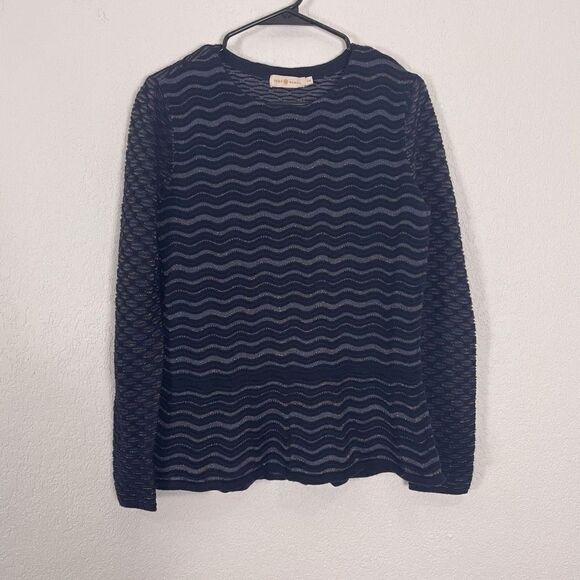 Tory Burch Navy Blue & Brown Sparkle Merino Wool Crewneck Pullover Sweater - Picture 1 of 6